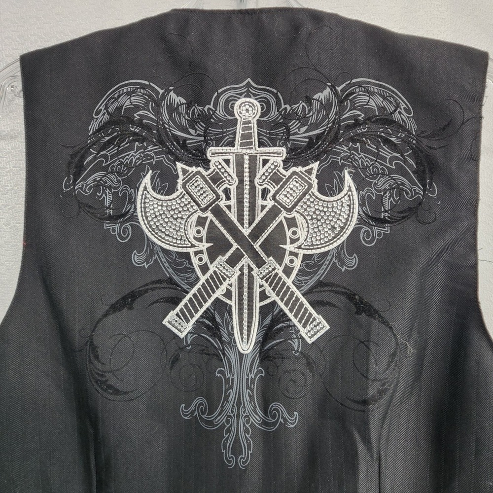 Lamasini Large Black Rhinestone Axe Sword Vest Gothic Biker Edgy Western Rock